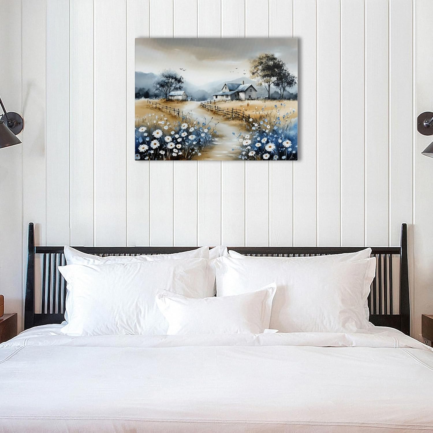 Rustic Farmhouse Canvas Wall Art Country Landscape with Daisies Painting, French Countryside Barn Print, Nature Mountain Scenery Wall Decor for Living Room, Bedroom, Bathroom Office (16''x24'')