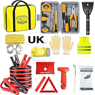 PRODFNDE Car Emergency Kit, Roadside Assistance Emergency Kit, Car Breakdown Tool Set with Jumper Cables, Warning Triangle, Visibility Vest, Flashlight etc, Ideal Accessory for Truck, SUV