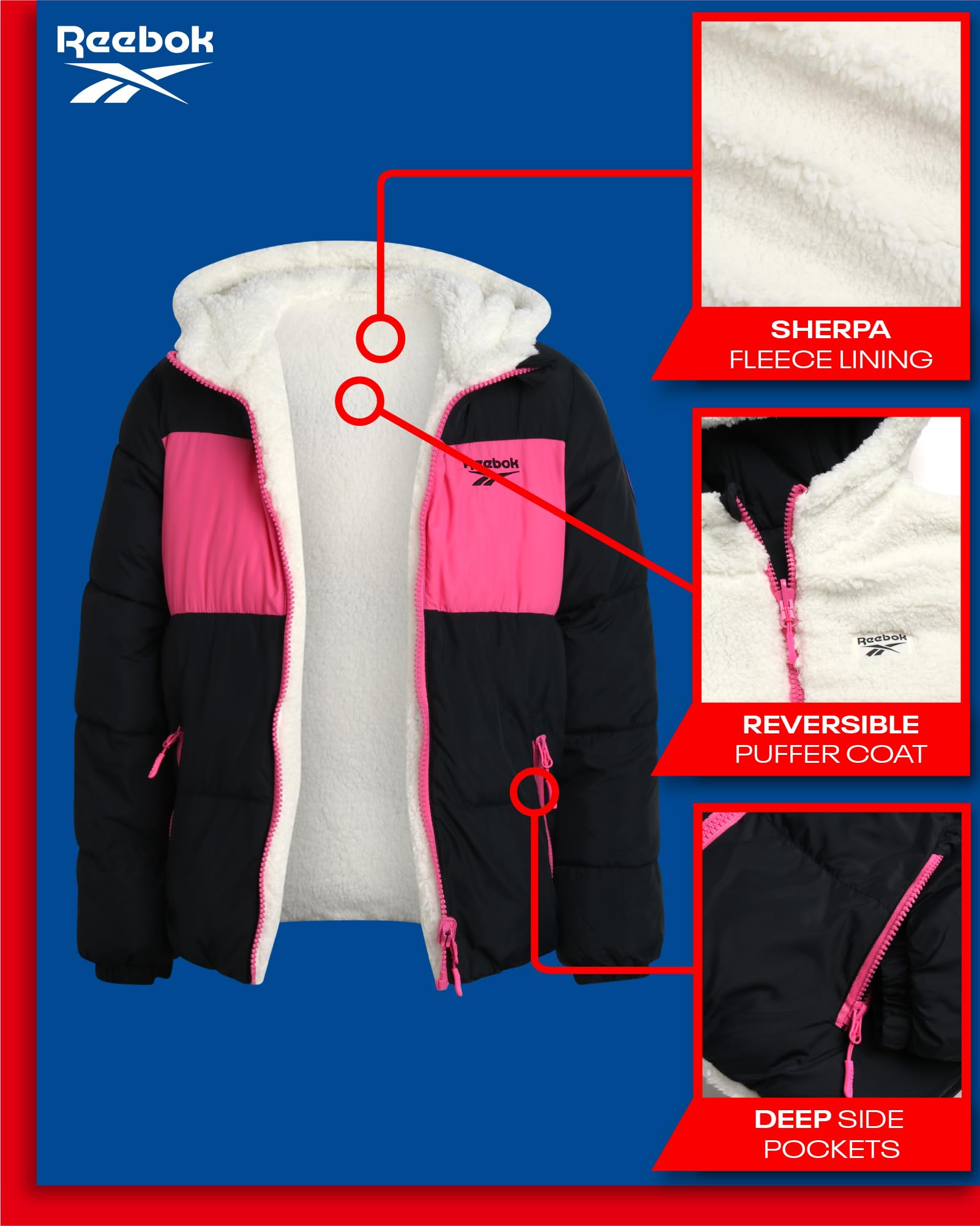 Reebok Dziewczęca kurtka zimowa, dwustronny, pikowany, puchowy płaszcz z podszewką z polaru Sherpa, dwustronna kurtka dla dziewczynek (4-16)