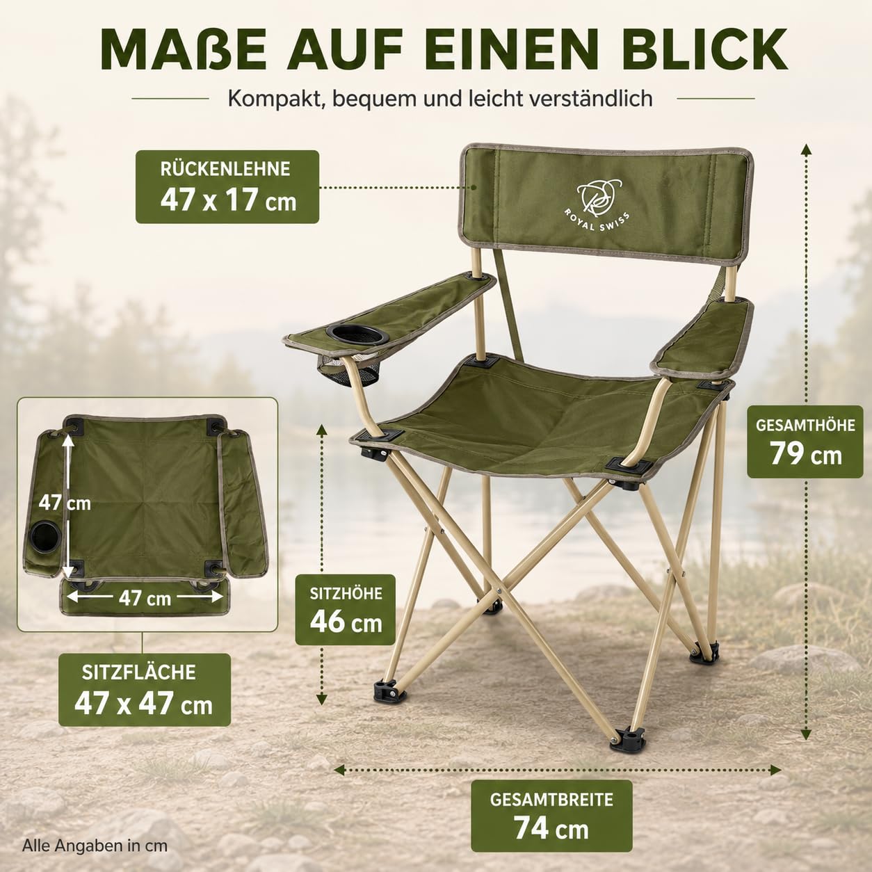 ROYAL SWISS 6 Stück Campingstuhl klappbar mit Getränkehalter & Tragetasche – Leichter Faltstuhl für Erwachsene, Camping, Angeln, Festival, Picknick, Strand und Sportevents