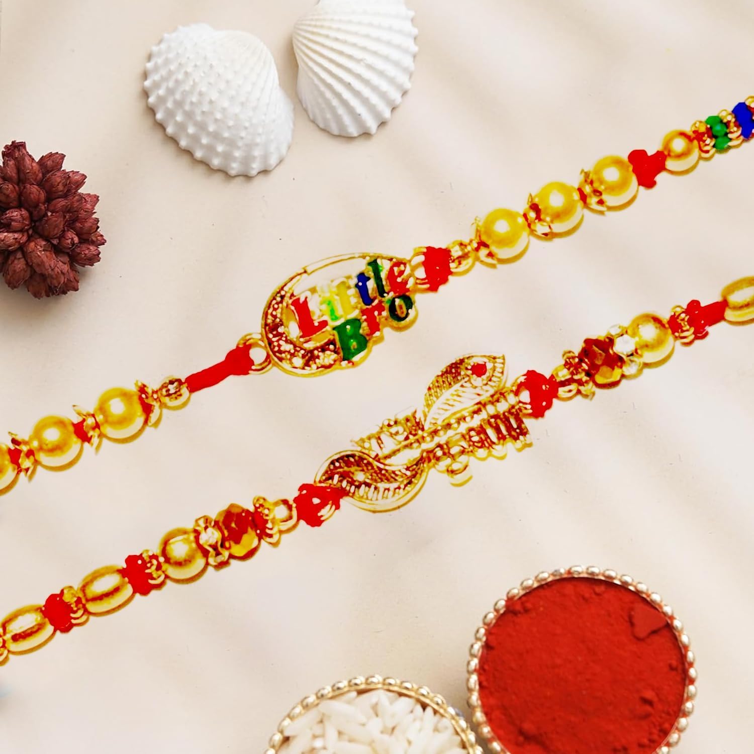 Rakhi for brother | Multicolored Rakhi and Small White Beads | Rakhee Bracelet on Festival of Raksha Bandhan for Brothers with Tilak set Roli Chawal (Radha Krishan), Standard, Gold