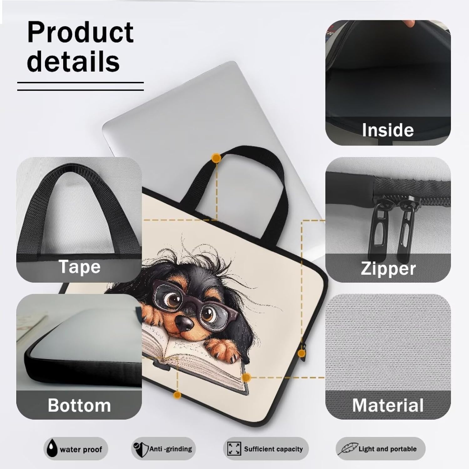 Cartoon Dachshund Dog Print Laptop Sleeve Case Briefcase Lightweight Travel Laptop Bag with Handle Waterproof Carrying Bag for Student Work Study, 13inch image 5