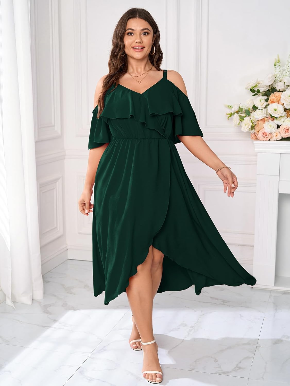 Womens Plus Size Cold Shoulder Dress Short Sleeve Ruffle Summer Sundress High Low Flowy Maxi Long Dresses - Image 6