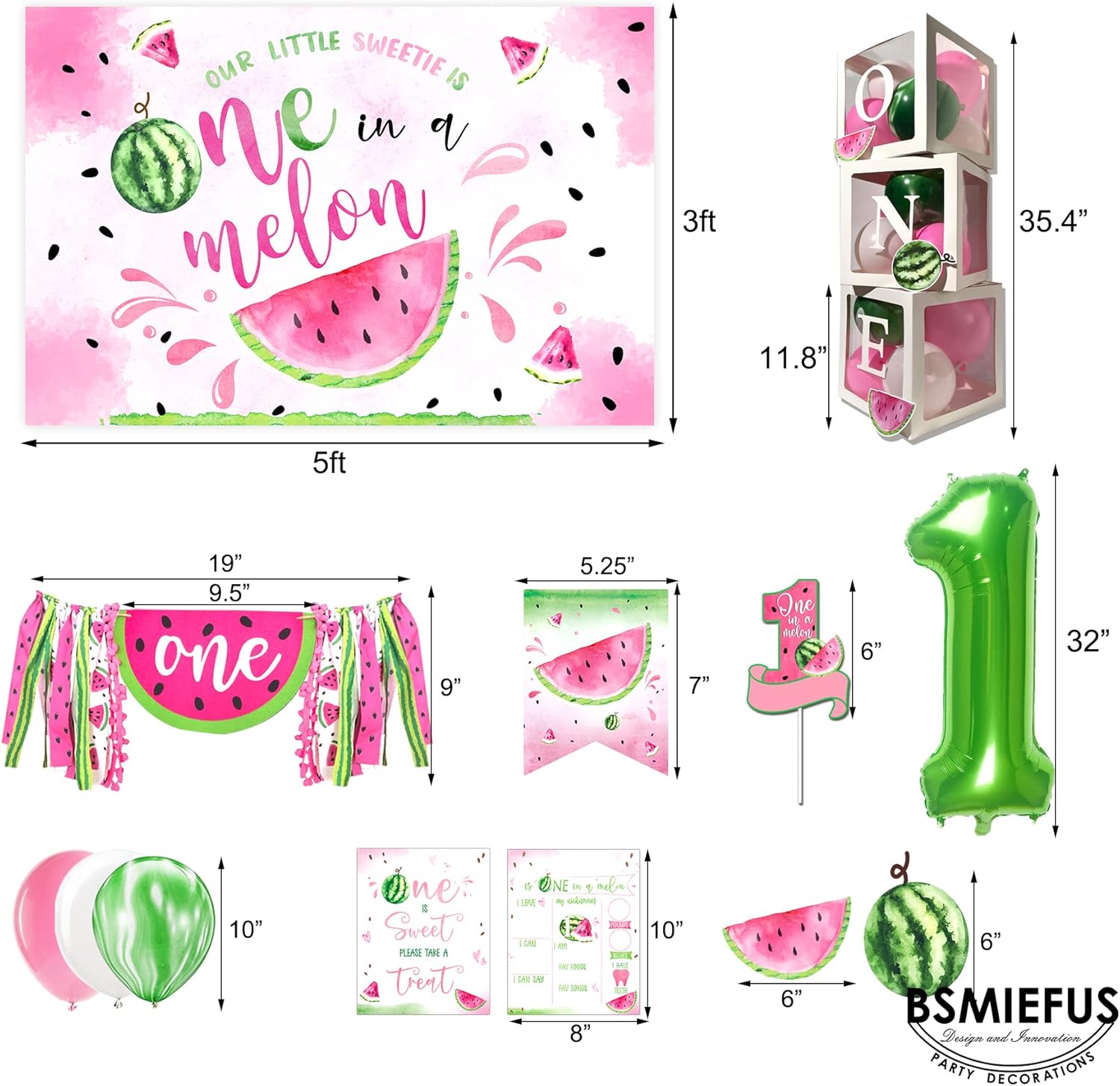 One in A Melon Party Decorations, Watermelon First Birthday Party Supplies, One in a Melon Backdrop High Chair Banner, Baby 1st Birthday Balloon Boxes