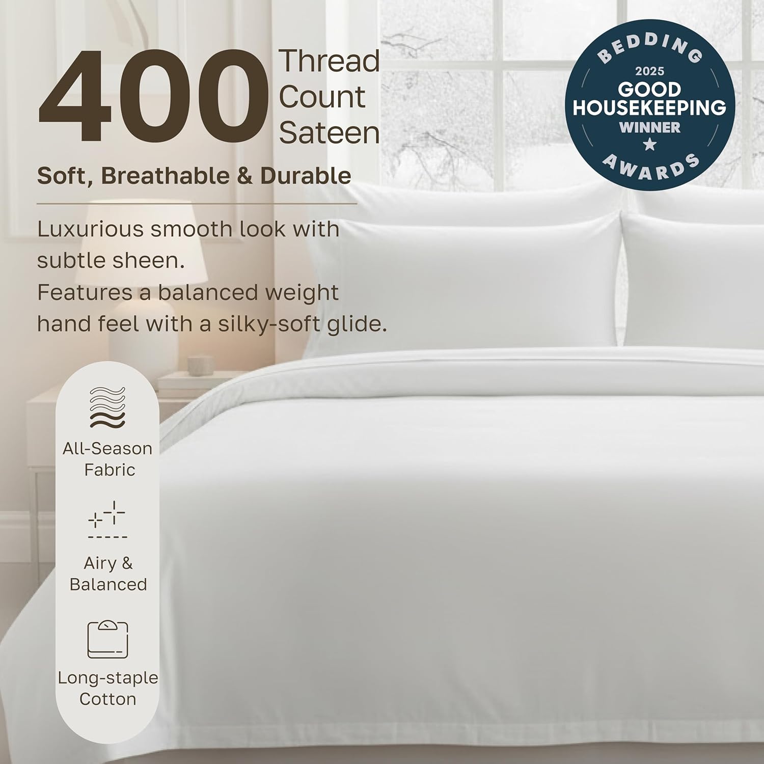 California Design Den Duvet Cover King Size Only - Winner Good Housekeeping Best Bedding Awards 2025, Premium 400 Thread Count Sateen, 100% Cotton Duvet Covers, Button Closure & Corner Ties - White - Image 3