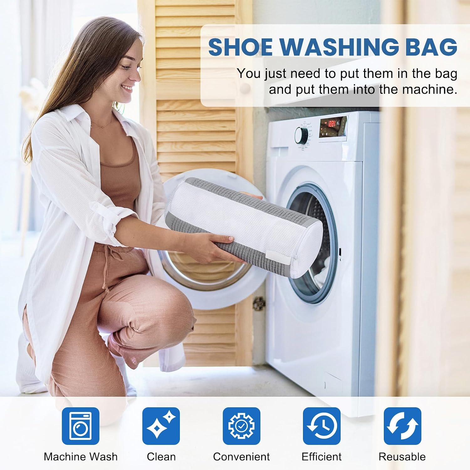 2 Pcs Shoe Washing Machine Bag, Laundry Shoe Bag for Washer and Dryer, Reusable Zipper Shoe Mesh Cleaning Bag Fluffy Fiber Inside, with Insole and Shoe Lace Pocket (Grey)