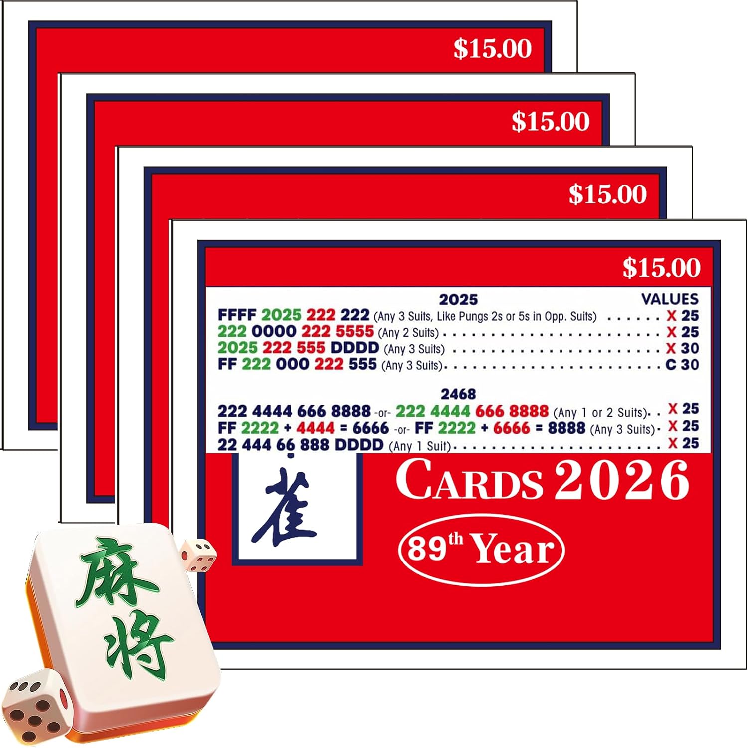 Mahjong Cards 2026，Mah Jong Cards 2026 Official Revision American - Large Print, 4-Pack (4pcs)