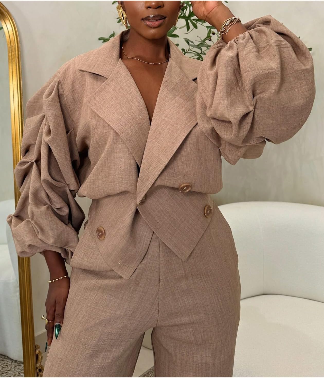 2 Piece Outfits for Women,Dressy Lantern Sleeve Jackets High Waisted Blazer Pants Set for Work Business - Image 7