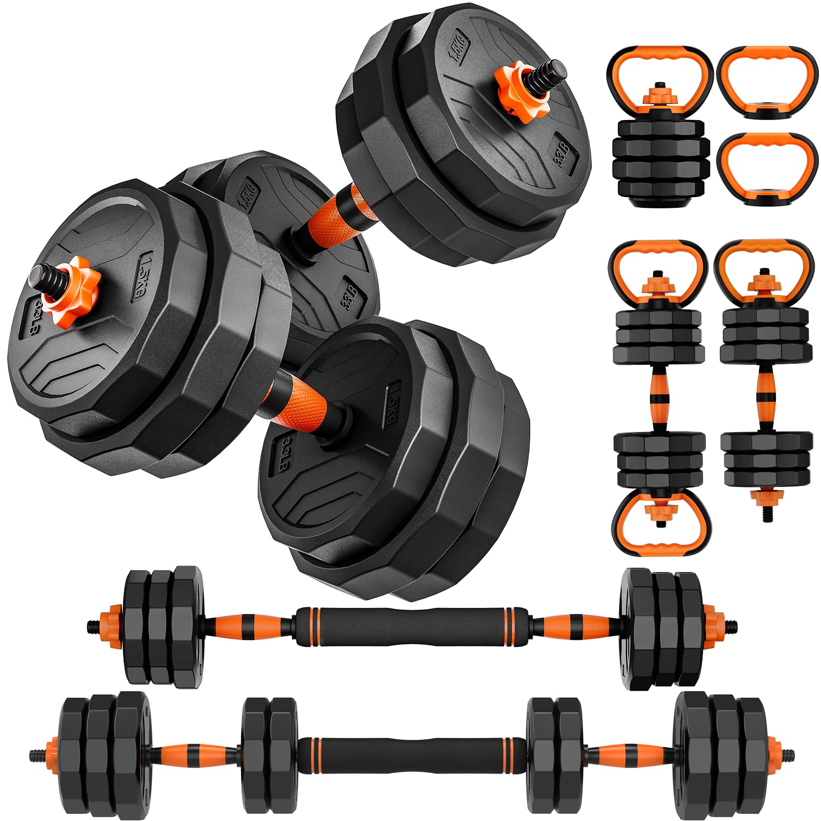 TYRSENAdjustable Weight Dumbbell Set, 4 in 1 Free Wight Set for Home Gym, Used as Barbell, Kettlebell with Star Collars, Fitness Exercise Equipment for Men Women