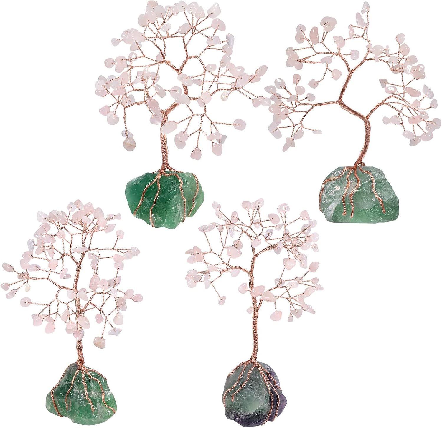 Rockcloud Crystal Money Tree with Irregular Raw Fluorite Cluster Base, Copper Wire Lucky Bonsai Tree for Desktop Office Home Decor, Rose Quartz