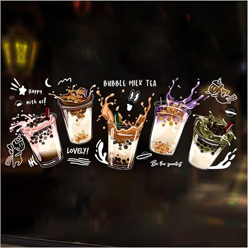 Película decorativa para decoración de ventana, no adhesiva, estática, de vidrio, para tienda de té y cafetería (Boba para ventana #B, 47.5 pulgadas