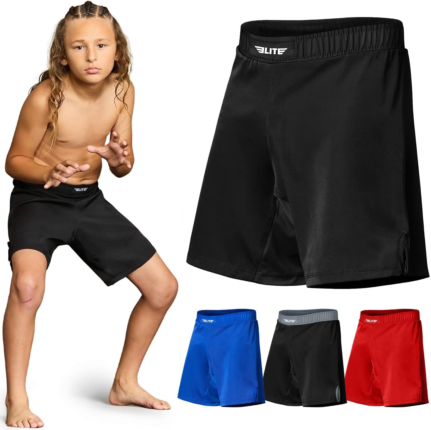 Elite Sports Kids BJJ No Gi Grappling Shorts for Boys & Girls, MMA Fight
