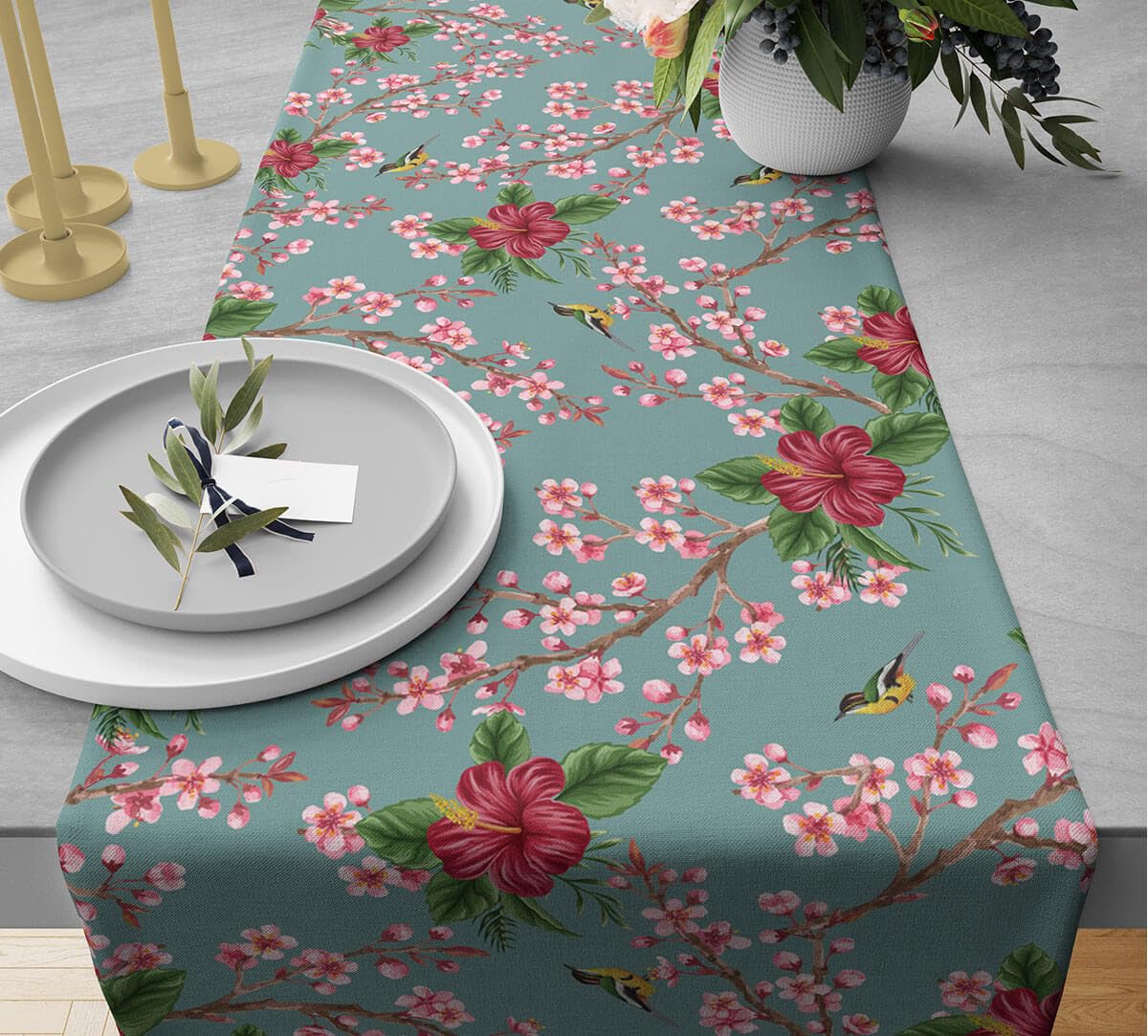 India Circus by Krsnaa Mehta Perching Floral Paradise Printed Blended Canvas 6 Seater Table and Bed Runner (94 x 14 inches)