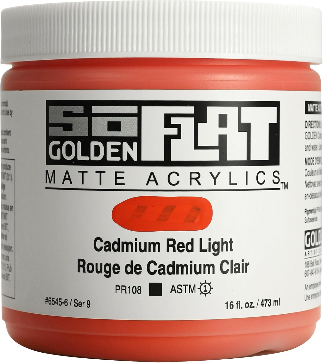 GOLDEN SoFlat Matte Acrylics, Cadmium Red Light, 16 fl. oz. Jar, Professional Acrylic Paint, Opaque