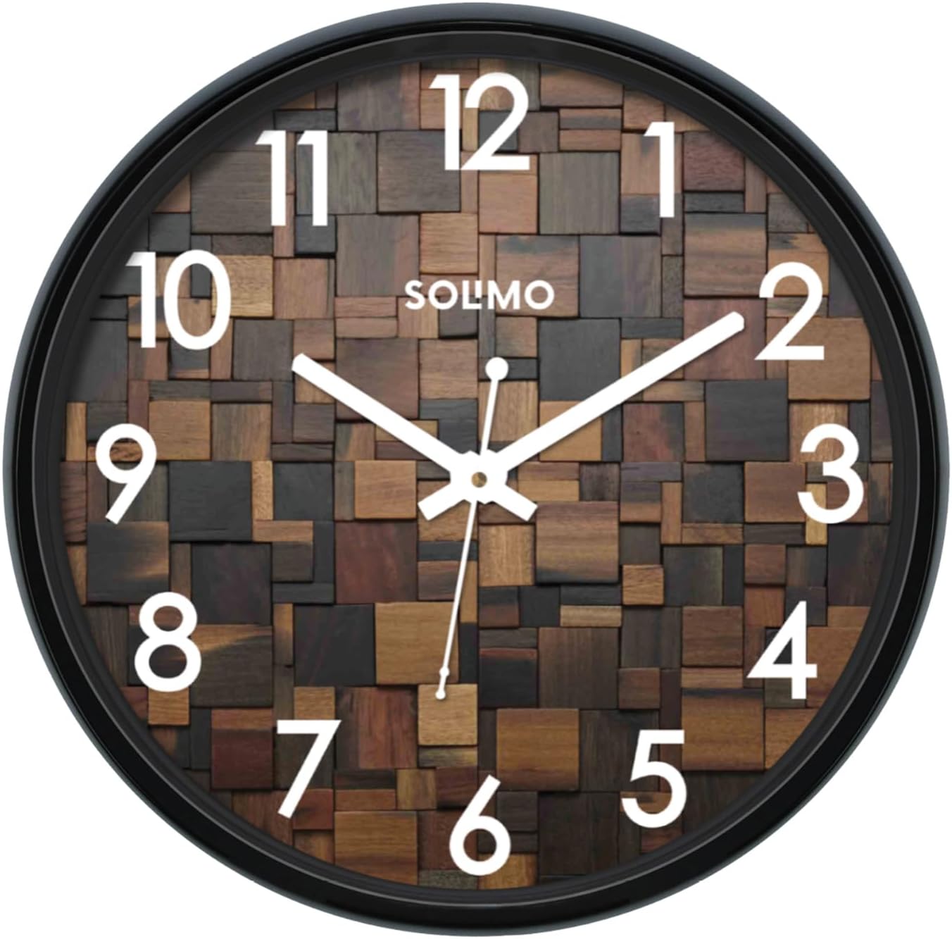 Amazon Brand - Solimo 12-inch Plastic & Glass Wall Clock - Wood Craft (Silent Movement), Black