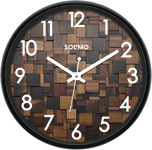 Amazon Brand - Solimo 12-inch Plastic &amp; Glass Wall Clock - Wood Craft (Silent Movement), Black