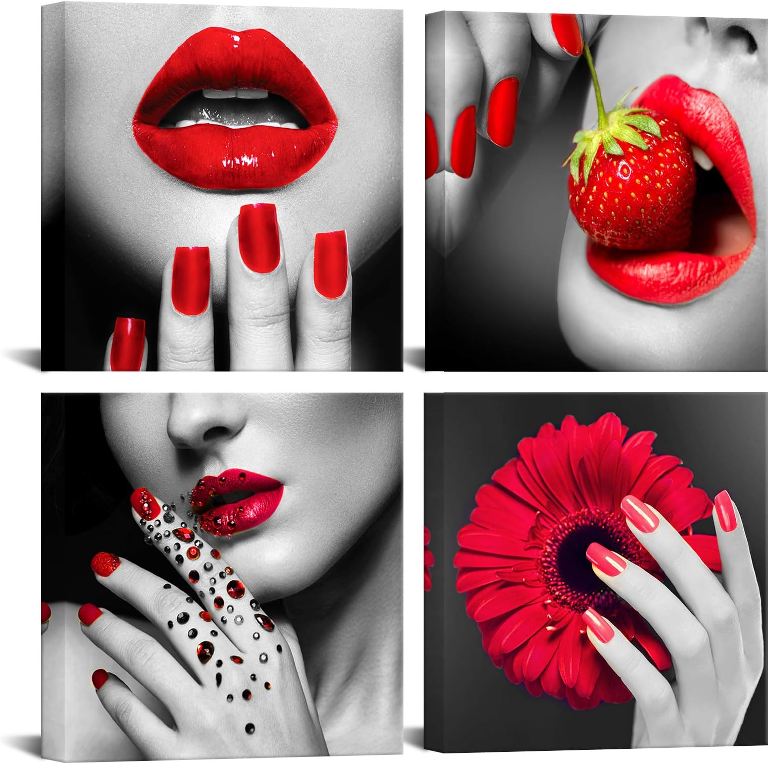 Biuteawal Modern Fashion Women Art Print Red Lip and Nail Canvas Prints Stylish Feminine Framed Wall Art Painting Make Up Artwork for Beauty Salon Girls Bedroom Bathroom Decoration Framed