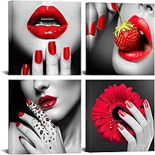 Biuteawal Modern Fashion Women Art Print Red Lip and Nail Canvas Prints Stylish Feminine Framed Wall Art Painting Make Up Artwork for Beauty Salon Girls Bedroom Bathroom Decoration Framed