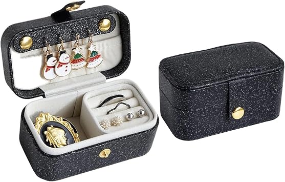 Small Travel Jewelry Box PU Leather mini Jewelry Organizer Case Portable, earrings, rings, necklaces, jewelry boxes for women BLACK