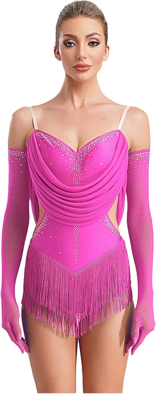 FEESHOW Women's Rhinestones Ruched Bodysuit Tassel Tango Rumba Salsa Latin Dance Leotard with Gloves