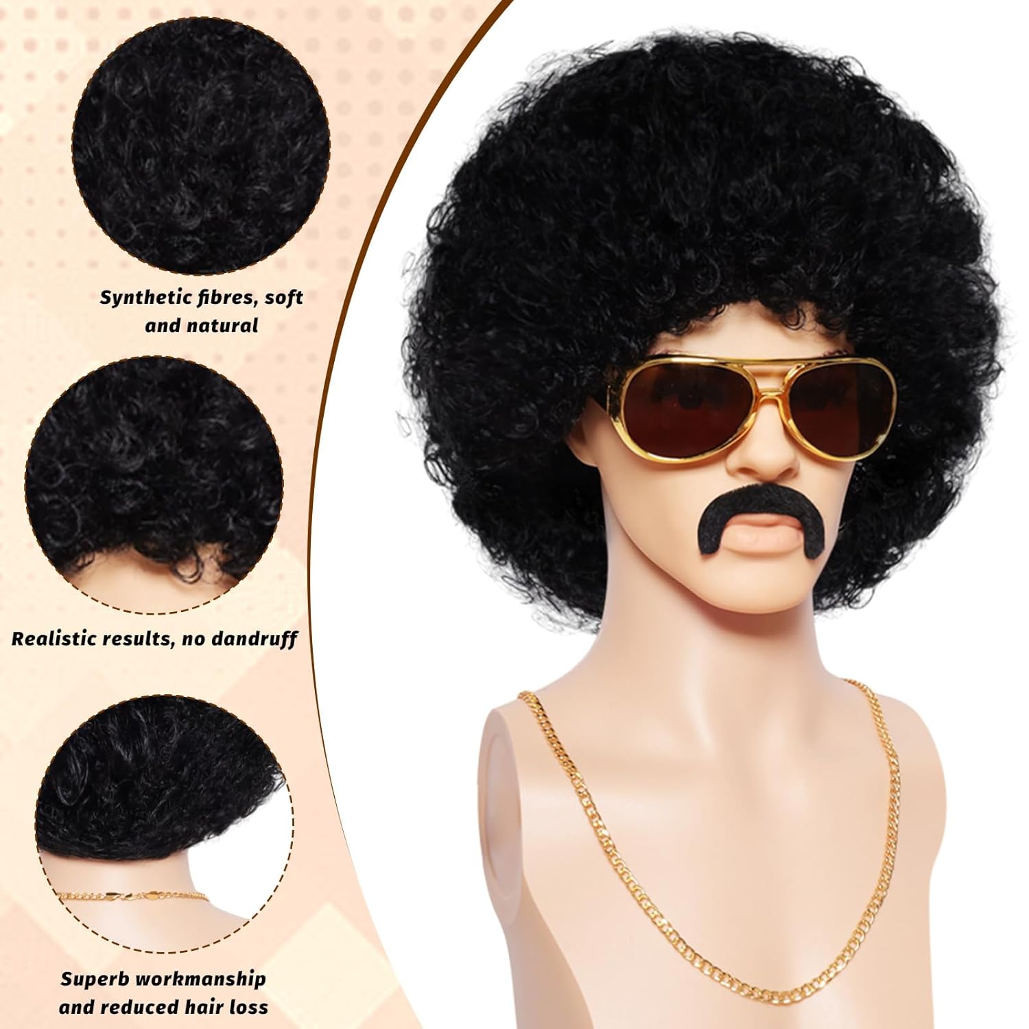 5Pcs 70S Afro Wig for Men Disco Costume Set Glasses Chain Mustache Short Curly Natural Black Hair Wig Cap Retro Rocker Wigs for 70S 80S Costume Halloween Cosplay - Image 5