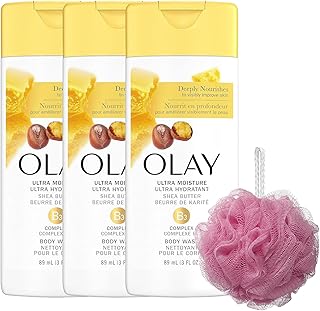 PURPUR Olay Ultra Moisture Body Wash with Shea Butter for Women Loofah Bundle, Travel Size, 3 oz (Pack of 3) Color may vary