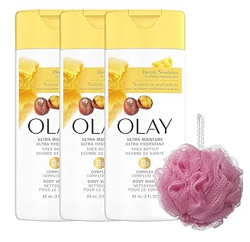 PURPUR Olay Ultra Moisture Body Wash مع زبدة الشيا للنساء، حزمة Loofah، حجم السفر، عبوة سعة 3 أونصة مكونة من 3 ألوان قد تختلف