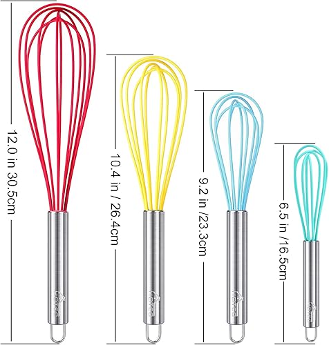Miniatura 3 de HOTEC Juego de 4 batidores de silicona, batidores de alambre para cocinar huevos, batidor de mango antideslizante para utensilios de cocina