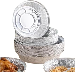 50 Pcs Set Reusable Aluminum Foil Air Fryer Liners, Air Fryer Paper Liners, AirFryers Tin Foil Tray Box, Oven Baking Tin Bowl, Non-stick Round Reusable, Edge Binding Design (7inch)