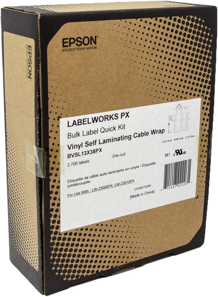 Epson LABELWORKSPX BVSL13X38PX Genuine Bulk Die Cut Self Laminating Overwrap Vinyl Tape - Black on White Flexible and Durable Industrial Label Maker Tape - 0.5" x 1.5" Wide, 2700 Labels per Roll
