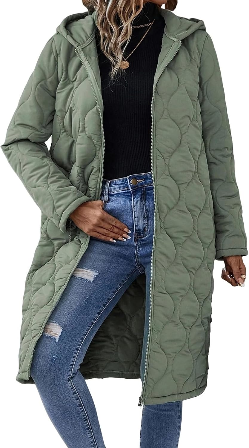Quilted Jackets for Women Long Winter Hooded Puffer Jacket Casual Loose Padded Coat Zip Up Fall Fashion Warm Outerwear