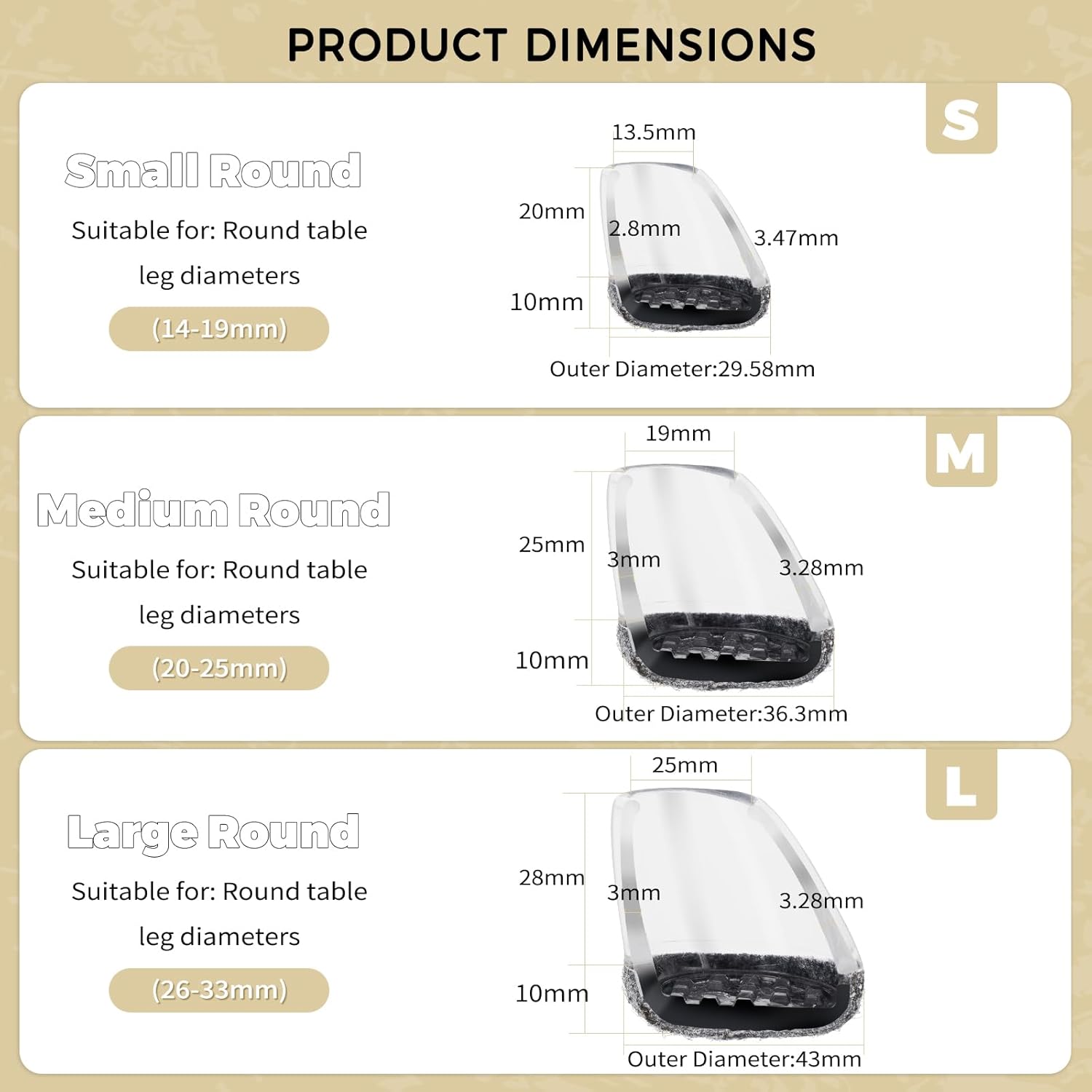 Pack of 16 Round Chair Pads Diameter 14 – 19 mm, Silicone Chair Pads with Integrated Grey Felt for Tilted Feet 15°-25°, Furniture Feet Anti-Creaking and Scratch-Resistant