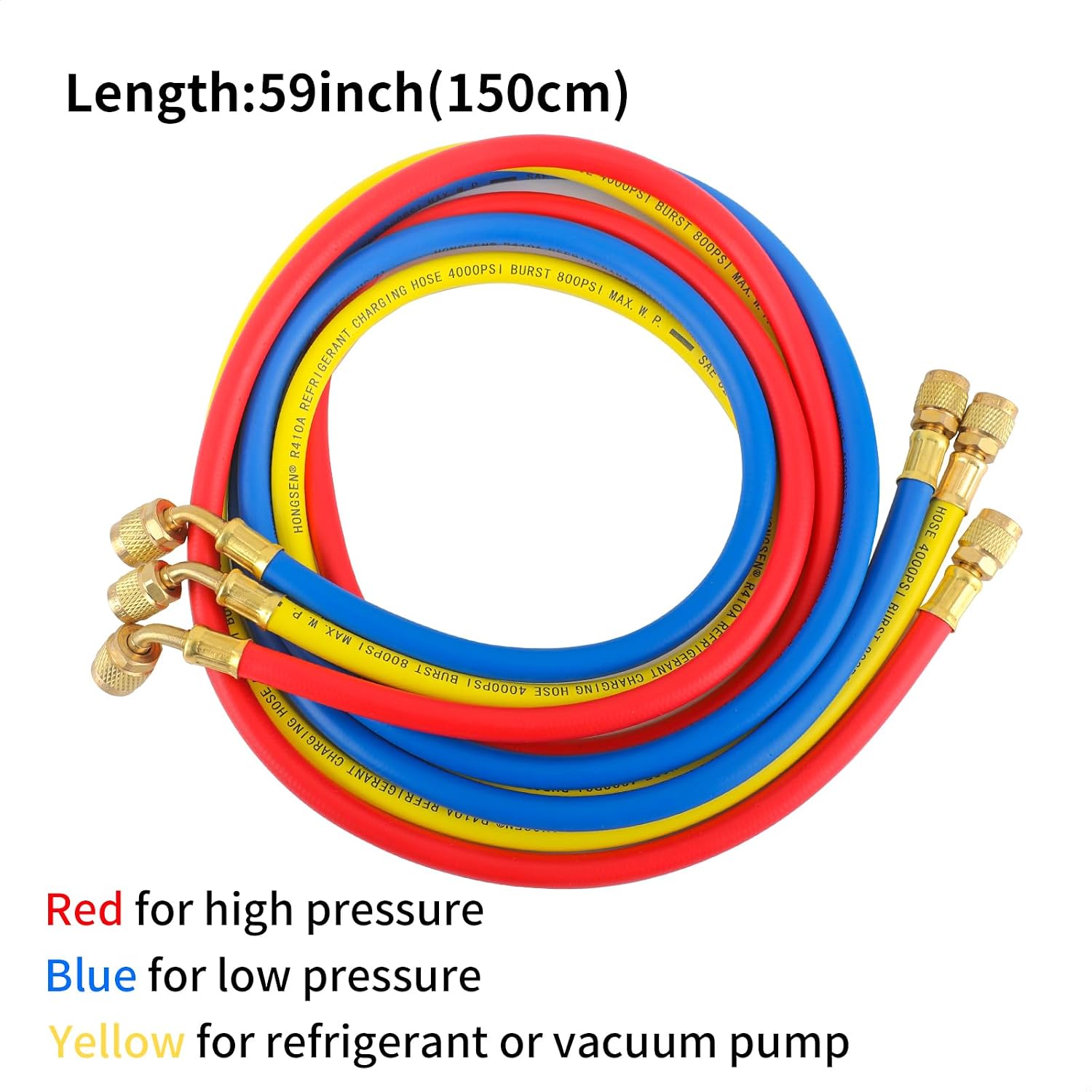 HONG SEN HVAC Hoses and AC Manifold Gauge Hoses 5ft Kit Compatible with R410a, R32 Refrigerant 1/4" SAE-5/16‘’ SAE Thread, 800PSI AC Charge Hose
