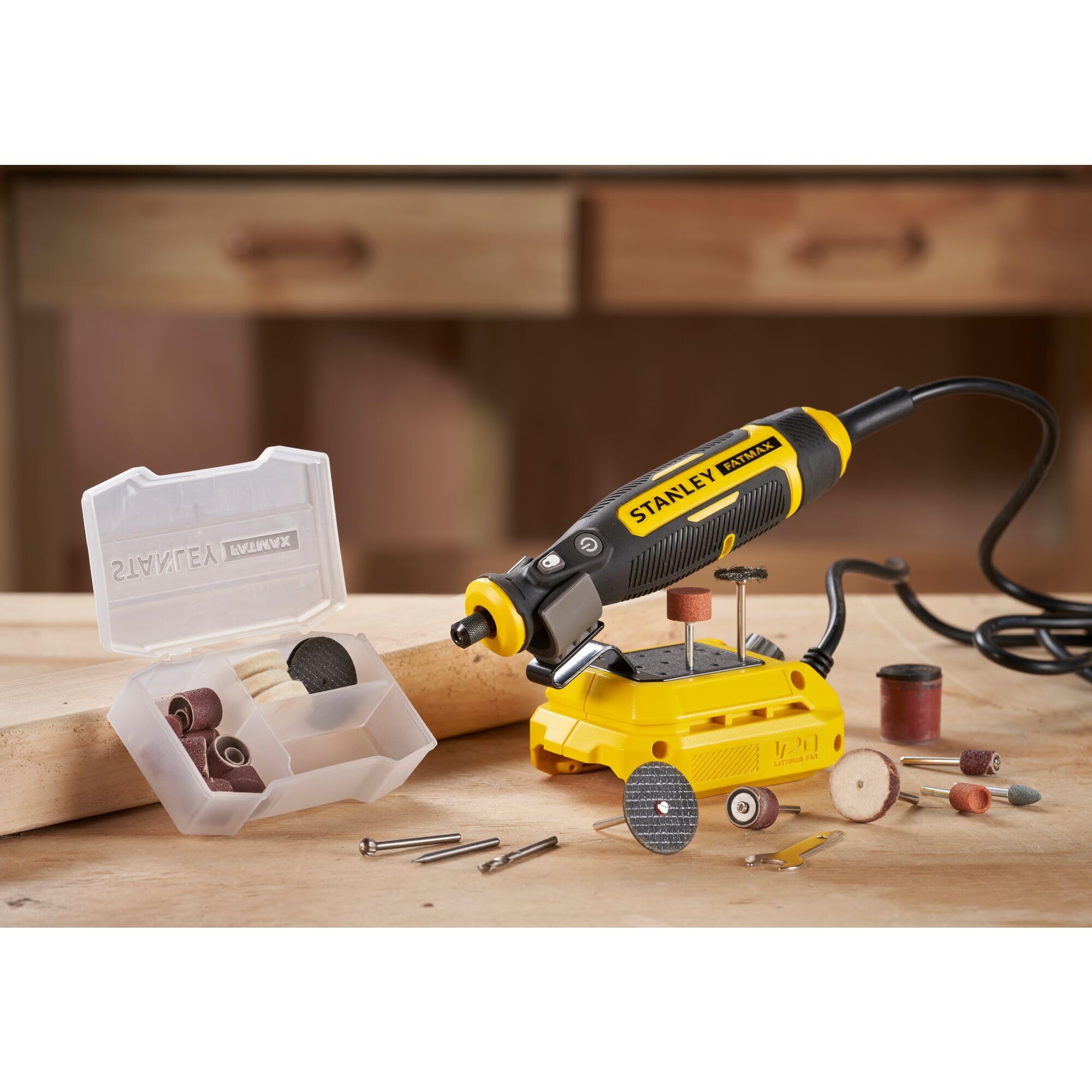 Stanley Mini-herramienta V20 Li-ION 18V, velocidad Variable 6.700-34.000 RPM, pinza universal de 3.2 mm, longitud cable 120 cm. Sin batería/cargador para profesionales y manitas
