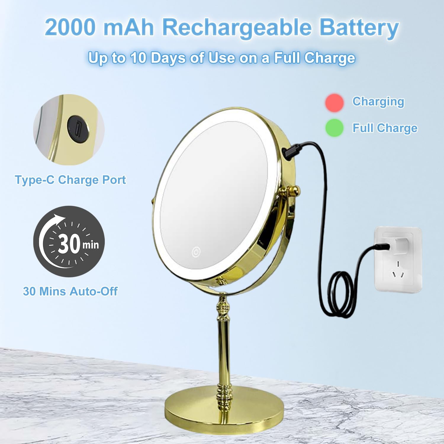 Lighted Makeup Mirror with Magnification, 8" Round 1X/10X Magnifying Mirror Swivel Touch Screen 3 Colors Dimmable, Type-C Rechargeable Vanity Mirror with Lights for Makeup Desk, Gold