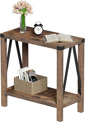 Miniatura 16 de ChooChoo Juego de 2 mesas auxiliares de granja, mesa auxiliar estrecha con estante de almacenamiento, mesita de noche rústica con diseño A para sala