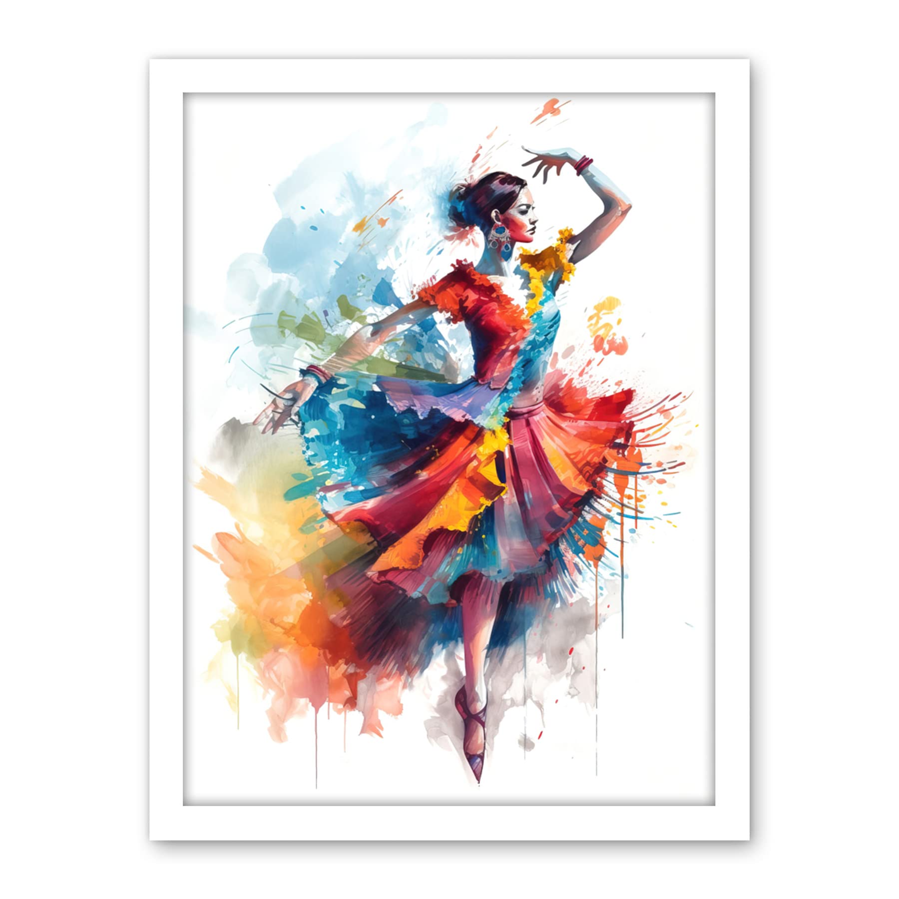 Artery8 Flamenco Dancer in Motion Rainbow Colour Dress Dance Modern Watercolour Painting Artwork Framed Wall Art Print 18X24 Inch