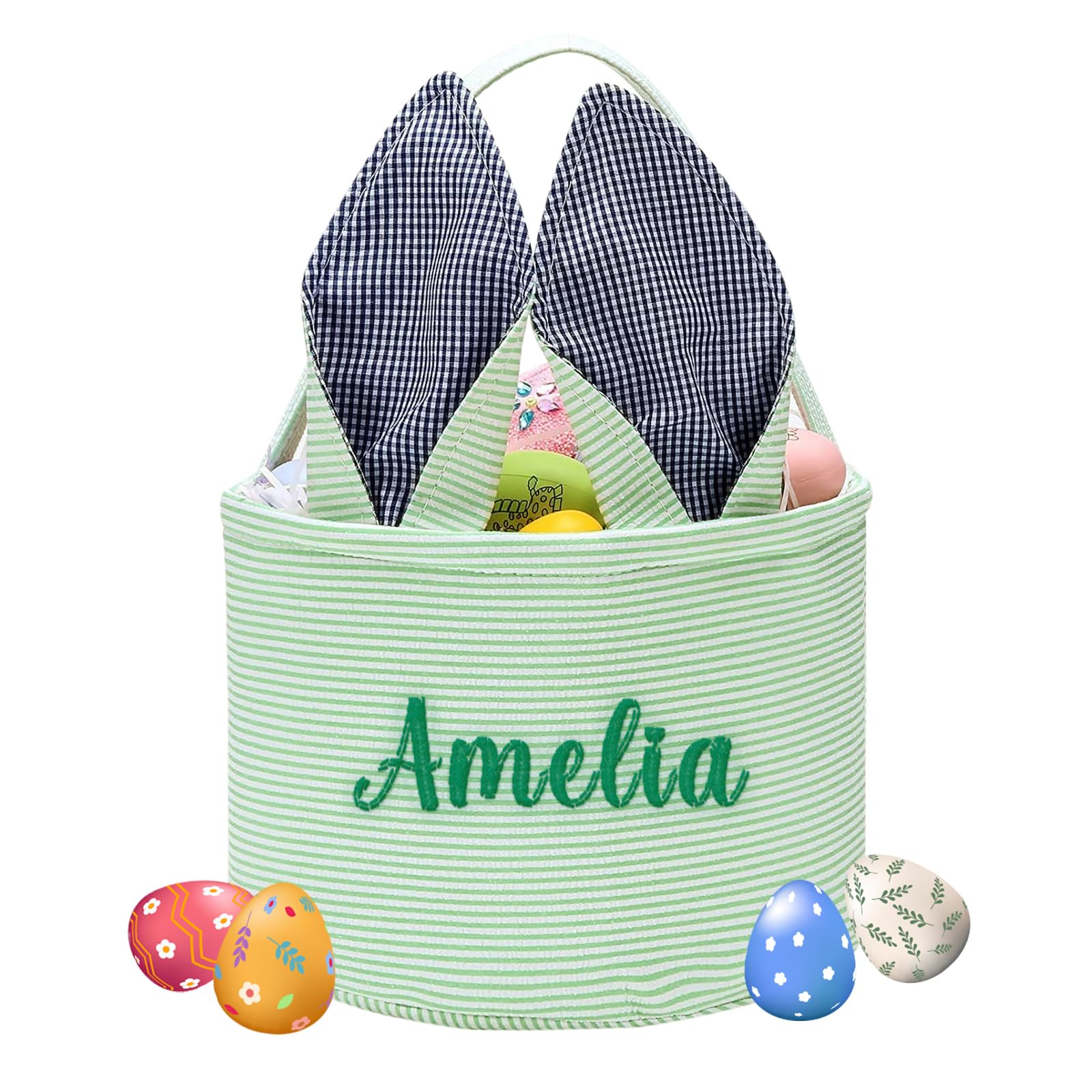 HUTARIO Personalized Easter Basket Egg Hunt Custom Embroidered Seersucker Bunny Baskets for Kids with Cute Rabbit Ears Stripe Storage Gifts Candies