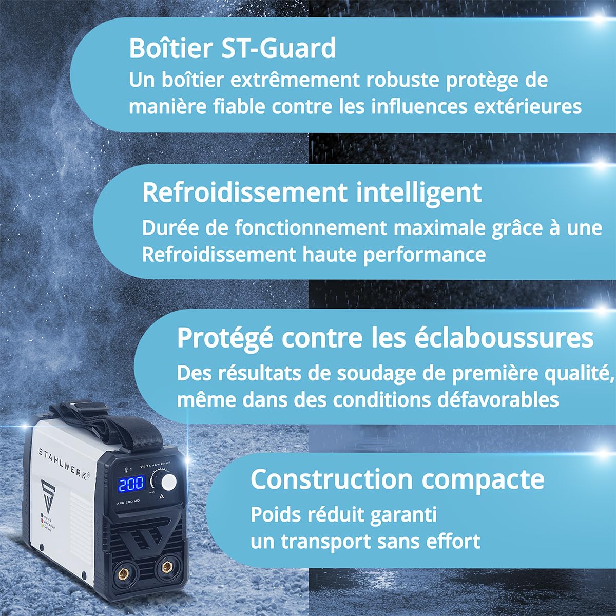 STAHLWERK Poste à souder à l'électrode ARC 200 MD – Kit complet avec chariot – MMA jusqu'à 200 A, utilisation flexible sans gaz, compact & léger, Smart Cooling, Hotstart, fonction Anti-Stick