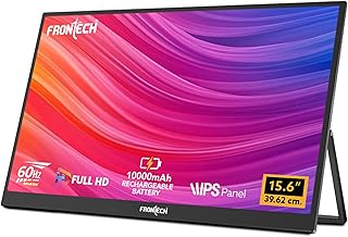 FRONTECH 15.6″ Portable LED Monitor, Full HD IPS Display, 10000mAh Rechargeable Battery, Dual Type-C & Mini HDMI, Built-in Speakers, 180° Stand, Works with Laptop/PS5/Switch/Phone (MON-0023P)