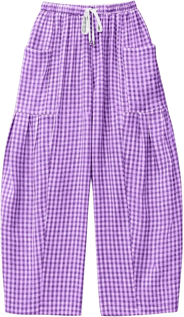 Plaid Gingham Pants for Women Summer Pajamas Wide Leg Pj Lounge Boxer Bottoms Y2k Trousers with Pockets