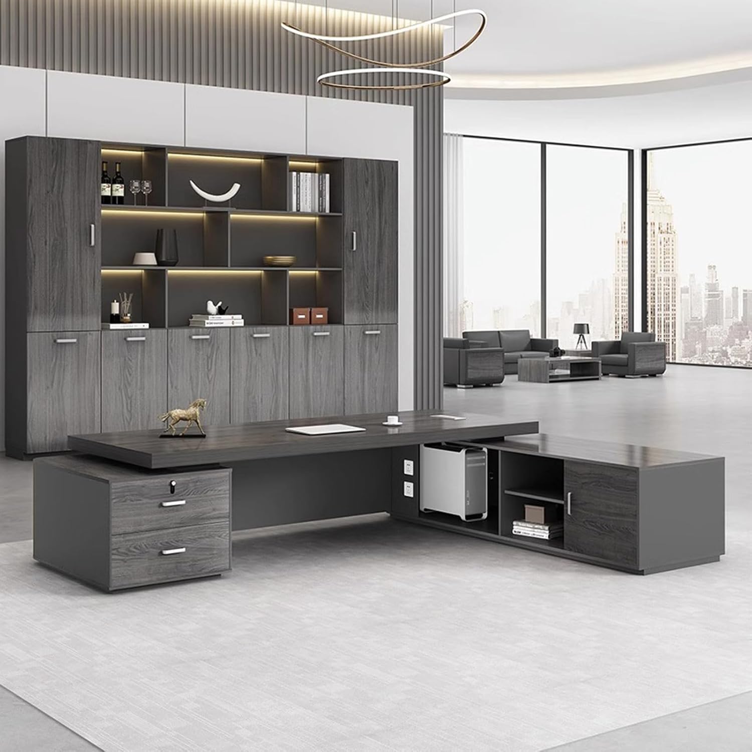 Grey L Shaped Computer Desk Executive Office Desk with Lateral Cabinet Study Writing Table Business Furniture Set for CEO Boss