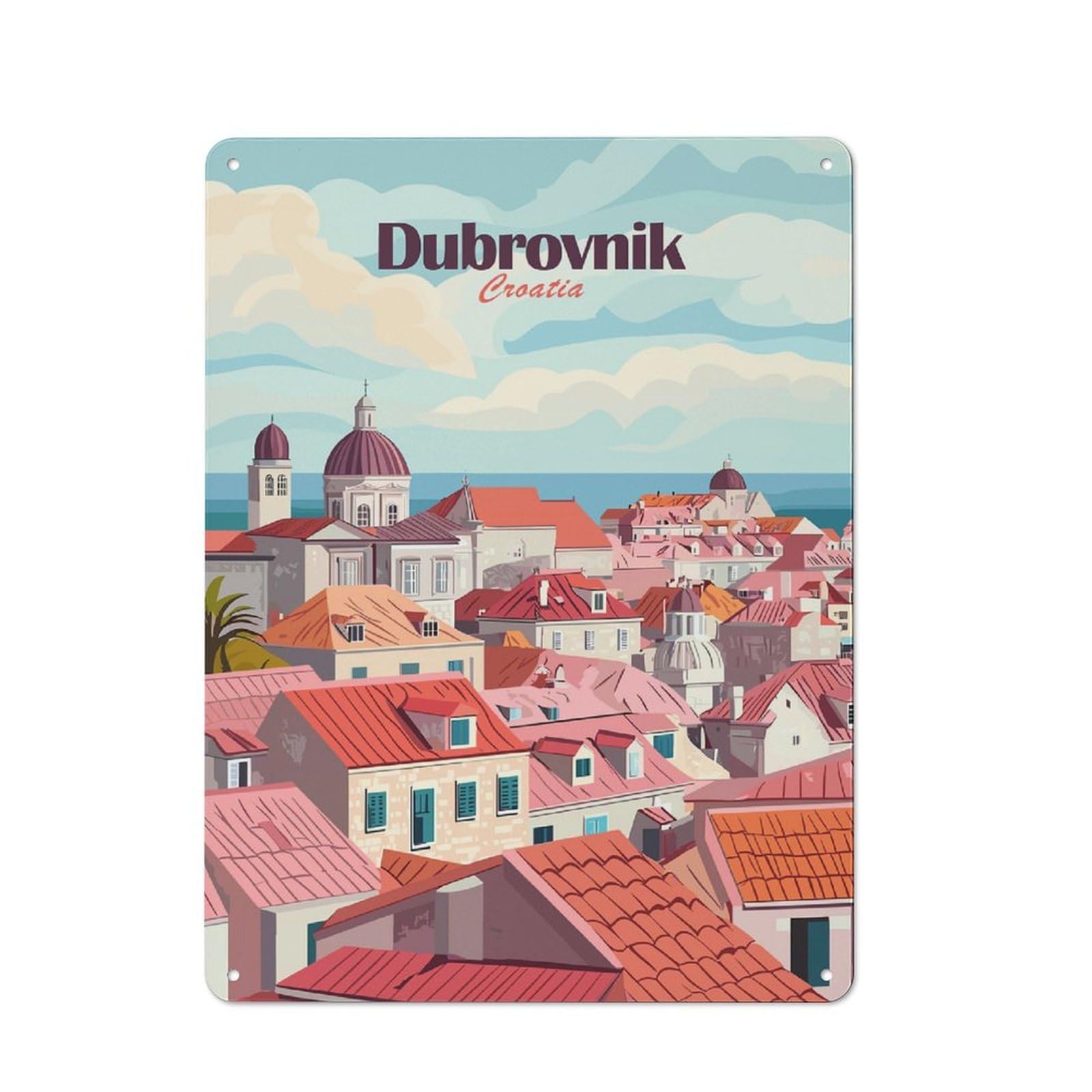 Junmoney Style-14 Dubrovnik Croatia Cityscape Illustration Urban Metal Wall Decor 40X30cm, Industrial Metal Sign For Flat, Bar, Studio Or Gallery Wall