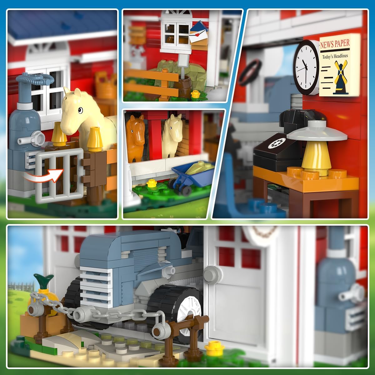 Detailed interior view of the PLAXSOON Farm Building Set, showing the stable with horses, an office area with a clock, and the tractor garage.