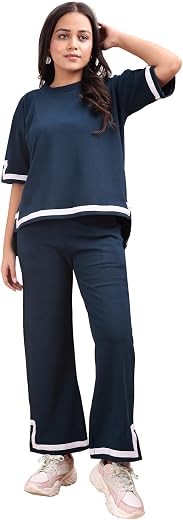 Florely Women's Co Ord Set | Ribbed Pajama Set | Casual Wear Pant Top Set | Drop Shoulder Knit Top &amp; Long Cut Pants Set | ...