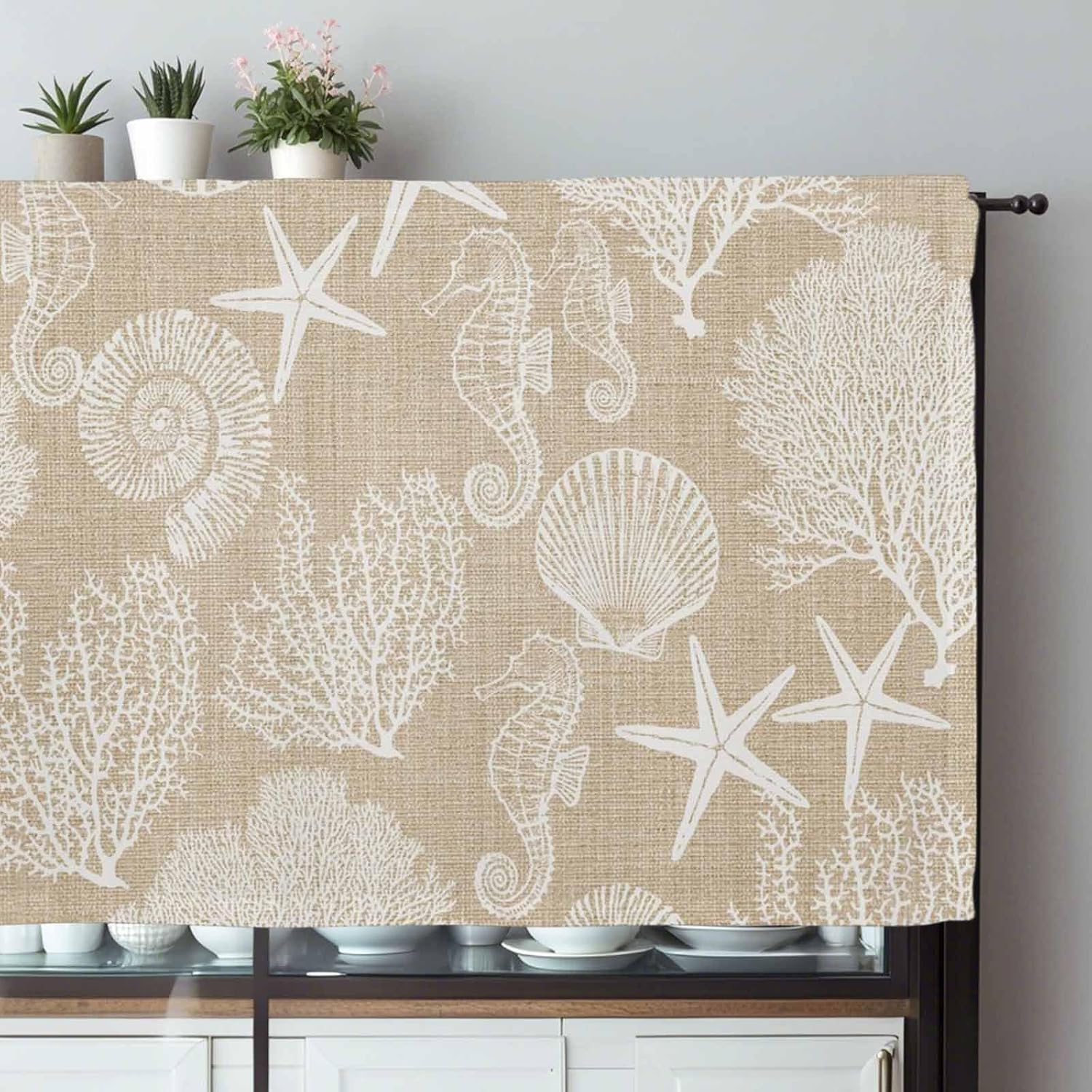 Brown Beige Coastal Curtain Valance 42" x 12", Window Valances Rod Pocket Curtains Drapes, Nautical Coral Starfish Shell Seahorse Ocean Short Topper Curtain for Kitchen Cafe Living Room, 1 Panel
