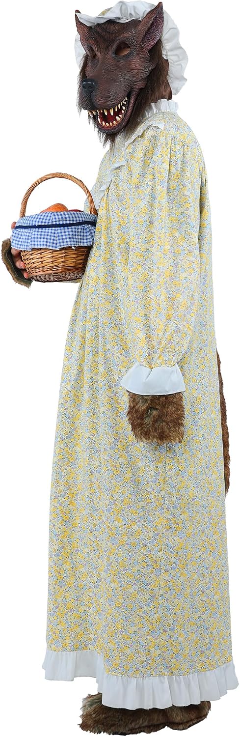 Wolf Granny Costume Adult Men 3Pcs Cosplay with Head Mask Foot Covers Yellow Floral Dress for Halloween Holiday