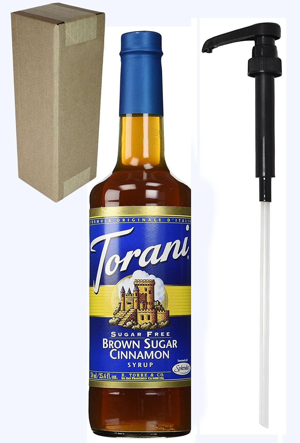 Torani Sugar Free Brown Sugar Cinnamon Flavoring Syrup, 750mL (25.4 Fl Oz) Glass Bottle, Individually Boxed, With Black Pump