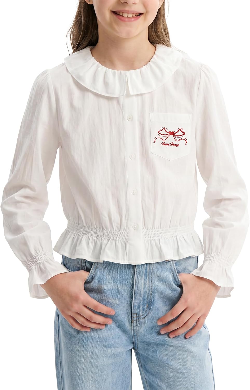 Girls White Blouse Peter Pan Collar Button Down Button Up Long Sleeve Shirt Top 6-16Y