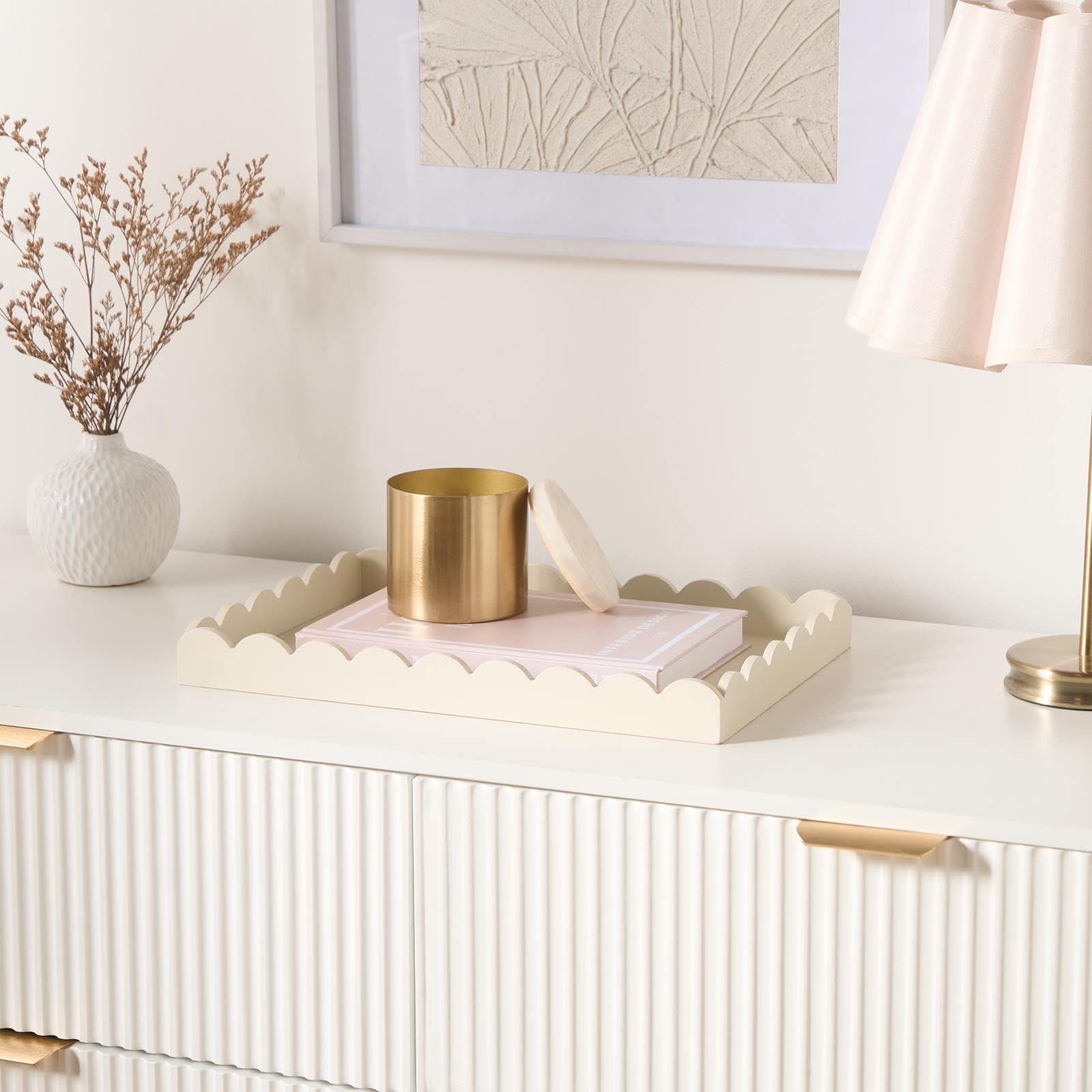 Ohs Cream Serving Wooden Decorative Tray, Scallop Coffee Table Tray Rectangle For Centrepiece Decoration Kitchen Counter Storage Organizer Modern Wood Serving Tray For Snacks Drinks